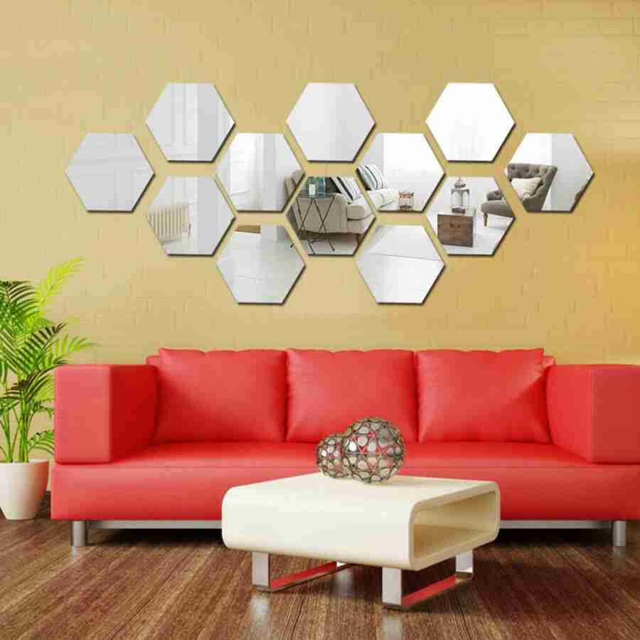 Set 12 panouri autocolante hexagonale oglinda de perete