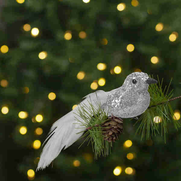 Ornament de Crăciun - pasăre cu sclipici - cu clemă - argintie - 2 buc/pachet Scule Prodrom